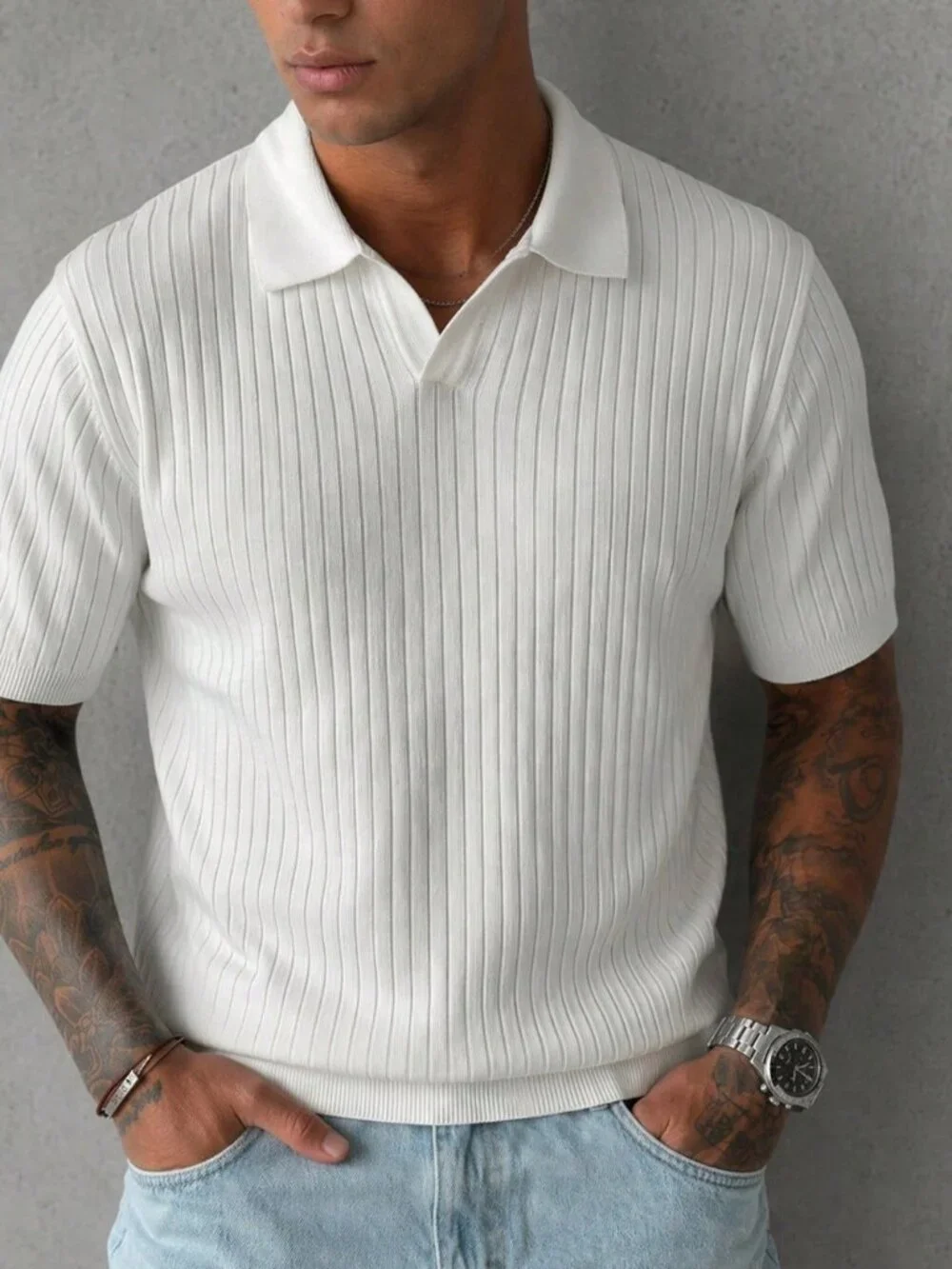 White Sports Men's Loose Rib-Knit Collar Short Sleeve Sweater